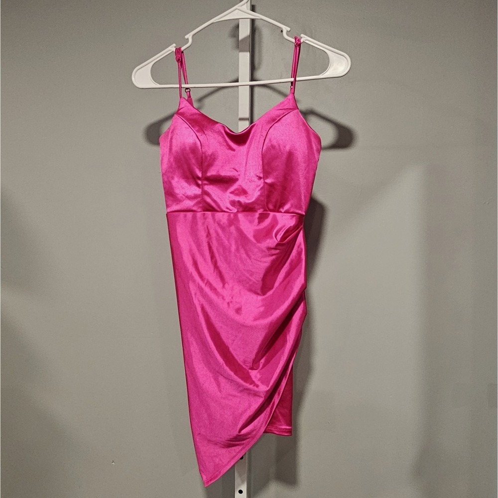 Midnight Doll Size 0 Pink Satin Mini Dress Asymmetric L Side Slit HOCO Holiday
